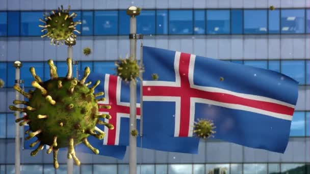 Chřipkový Koronavirus Vznášející Nad Islandskou Vlajkou Moderním Mrakodrapem Island Prapor — Stock video