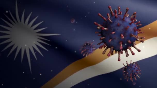 马绍尔群岛的国旗摇曳着 带有感染呼吸系统的大肠病毒爆发 是一种危险的流感 带有国家马歇尔横幅的Covid 19型流感病毒 — 图库视频影像