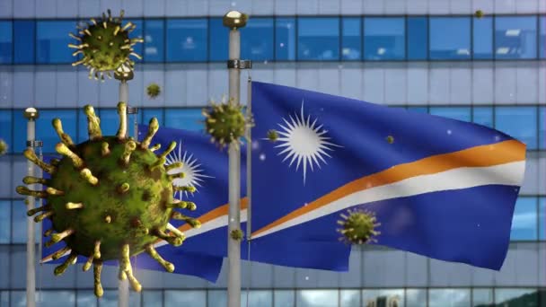 Flu Coronavirus Flotando Sobre Bandera Marshallese Con Ciudad Rascacielos Moderna — Vídeo de stock