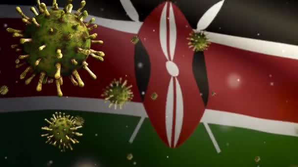 ケニアの旗の上に浮かぶインフルエンザコロナウイルス呼吸器系を攻撃する病原体 コビディ19型ウイルス感染の概念のパンデミックに手を振るケニアのバナー 本物の生地の質感のサイン — ストック動画