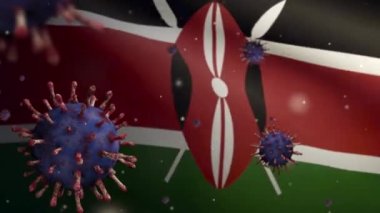 3D, Kenya bayrağı sallanıyor koronavirüs salgını solunum sistemini tehlikeli bir grip gibi etkiliyor. Arkaplanda Kenya bayrağı dalgalanan Covid 19 tipi bir virüs. Pandemik risk kavramı