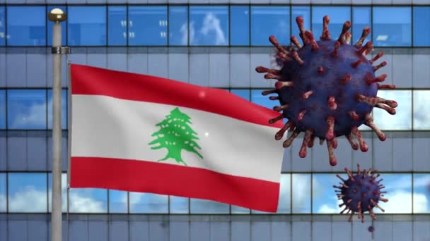 Ливанский Флаг Размахивающий Современным Городом Небоскребом Вспышкой Коронавируса Опасный Грипп — стоковое видео