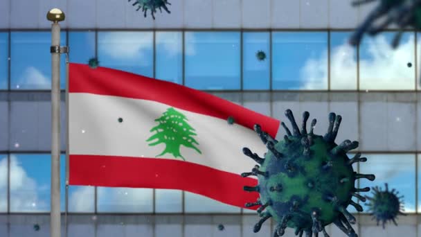 Drapeau Libanais Agitant Avec Ville Gratte Ciel Moderne Coronavirus 2019 — Video