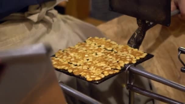 Stall Vendor Baking Creamy Batter Almonds Hot Plate Make Japanese — Stock Video