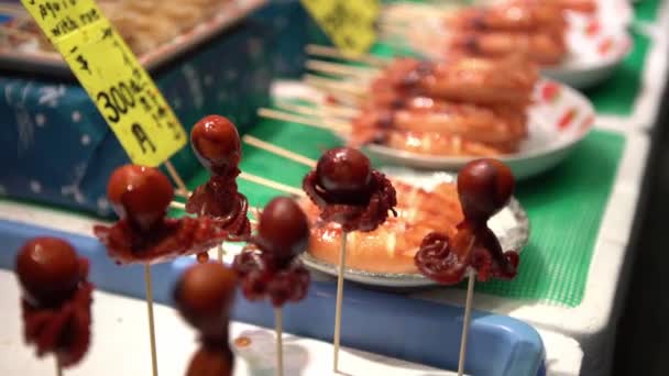 Small Octopus Sticks Delicious Traditional Japanese Street Food Snacks Seafood — Stock Video