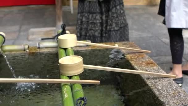 在京都避难所的喷泉前洗手净化 日本龙口流出的水 日本神道寺入口 — 图库视频影像