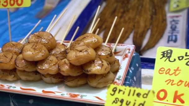 Slow Motion Eating Hotate Sashimi Merchants Sale Deliceous Scallop Nishiki — Stock Video