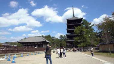 Nara, Japonya-15 Nisan 2019: Nara 'daki Kofukuji Tapınağı' nın beş katlı geçidine bakın. Japonya 'nın ikinci en uzun ahşap tapınağı. Antik Nara 'nın ünlü tarihi anıtları