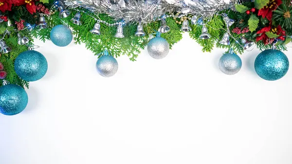 Banner Christmas Balls Fir Tree Branches Copy Space Text Frame — Stock Photo, Image