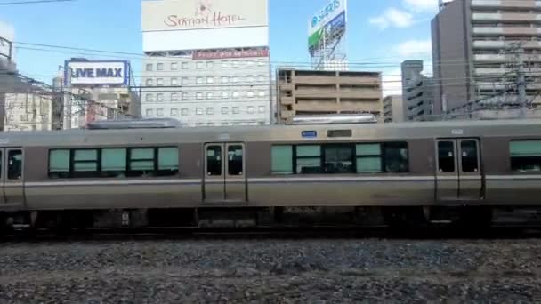 Kyoto Japan April 2019 Zug Fährt Über Eisenbahn Durch Die — Stockvideo