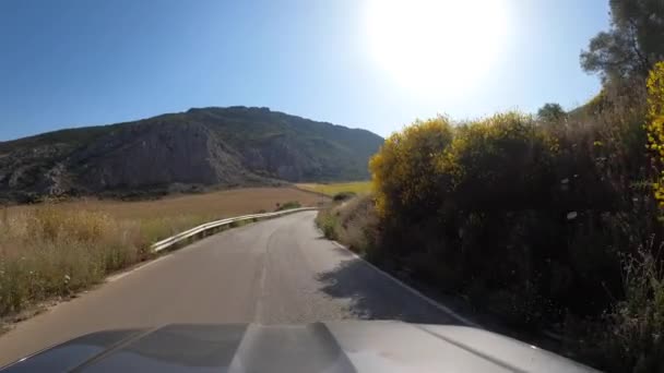 Pov Jazdy Samochodem Prostej Dwukierunkowej Starej Drogi Asfaltowej Przez Górę — Wideo stockowe