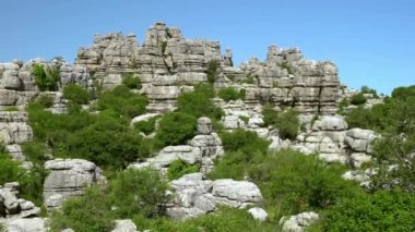 İspanya 'daki Torcal Sierra Antequera dağlarının karst manzarası. Endülüs, Malaga 'da dikey kireçtaşı kaya duvarlarıyla çevrili Akdeniz bitkileriyle büyük bir vadi.