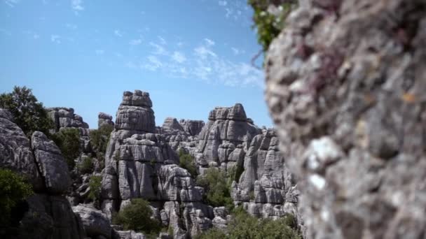 Krajobraz Krasowy Gór Torcal Sierra Antequera Hiszpanii Duża Dolina Roślinnością — Wideo stockowe