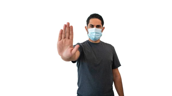 Portrait Caucasian Man Stop Hand Gesture Wearing Medical Mask Protect — 图库照片