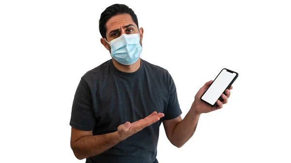 Vit Man Pekar Hand Till Smartphone Med Steril Ansiktsmask Isolerad — Stockfoto