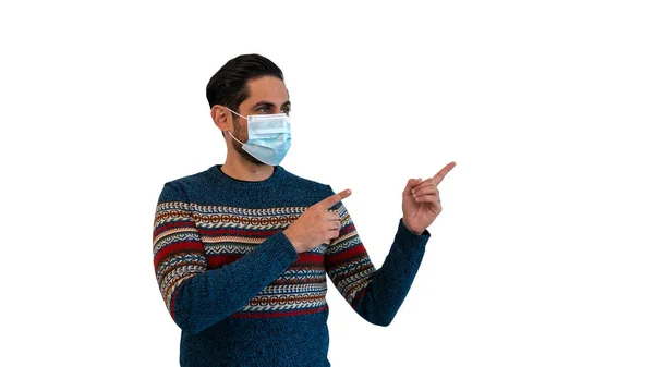 Man Indicates Index Fingers Side Using Face Mask Safe Coronavirus — 图库照片