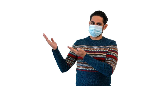 Man Indicates Two Hands Side While Using Face Mask Safe — 图库照片