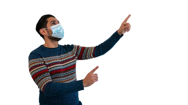 Man Indicates Index Fingers Side Using Face Mask Safe Coronavirus — 图库照片