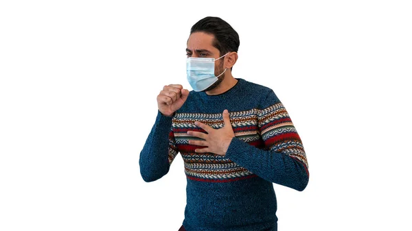 Kafkasyalı Hasta Bir Adamın Portresi Eline Öksürüyor Tıbbi Maske Takıyor — Stok fotoğraf