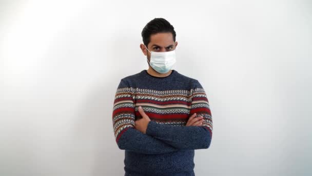 Portrait Caucasian Man Feeling Nervous Medical Mask Corona Virus Outbreak — стоковое видео