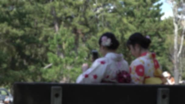 Cámara Lenta Visión Borrosa Desenfocada Geisha Maiko Sentada Tomando Una — Vídeos de Stock