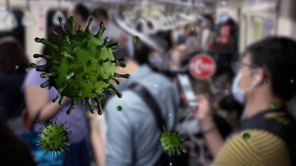 Ilustrasi Omikron Varian Coronavirus Mengambang Atas Orang Orang Asia Menunggu — Stok Foto