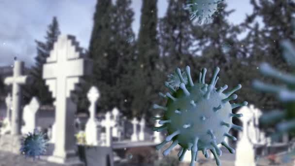 Illustration Omicron Variant Coronavirus Floating Tumbs Cemetery Headstone Spain Spanish — Stock Video