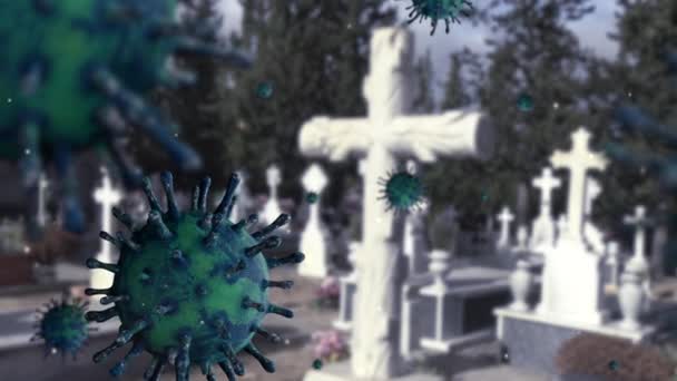 3Dイラスト Omicron変異体ウイルスCovid 19とスペインの墓石を持つ墓地の墓 コロナウイルス発生の概念中のスペインの田舎の墓地 — ストック動画