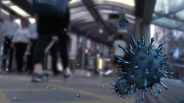 Illustration Omicron Variant Coronavirus Floating Asian People Walking Street Mall — стокове відео