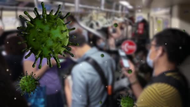 Ilustración Variante Del Omicrón Coronavirus Flotando Sobre Personas Asiáticas Esperan — Vídeo de stock