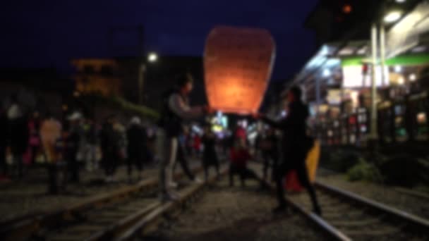 Defocused Shot People Launching Asian Lanterns Buddhist Festival Rice Paper — Stockvideo