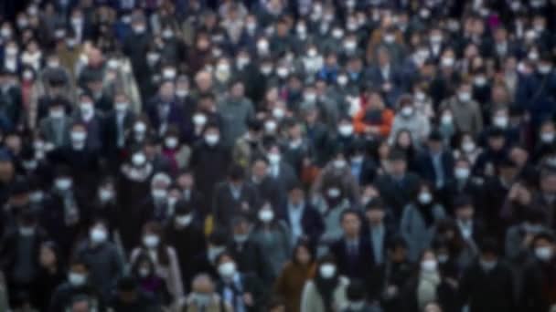 Blurred Defocused Aerial View Large Crowd Japanese People Wearing Surgical — Stockvideo