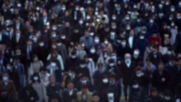 Blurred Defocused View Japanese Business People Wearing Surgical Mask Walking — Stockvideo