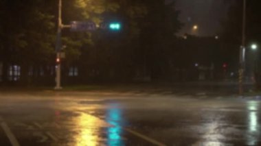 Ağır çekim ve gece vakti şiddetli rüzgar ve tayfun sırasında yağan yağmurun odaklanmış görüntüsü. Güçlü kasırgalar estiren bir Taipei caddesi. Tayvan 'ın Asyalı yolu gecesinde trafik ışığı.