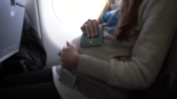Defocused Shot Pregnant Woman Holding Passport Her Hand Touching Her — Wideo stockowe