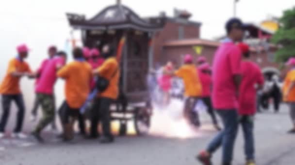 Slow Motion Defocused Shot Palanquin Procession Passing Firecrackers Explode Taiwan — Wideo stockowe