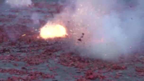 Slow Motion Defocused Shot Procession Taiwanese Traditional Red Firecrackers Explode — стокове відео