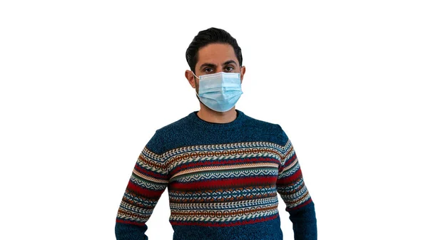 Vit Man Med Steril Ansiktsmask Isolerad Vit Bakgrund Studio Guy — Stockfoto