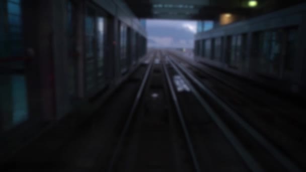 Defocused Shot Looking Out Window Moving Metro Car Train Tracks — Stock Video