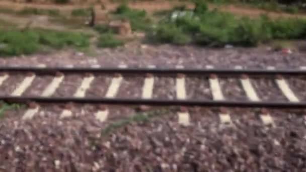 Defocused Shot Rails Transit Train Trip Countryside Thailand Blurred Background — Stock Video