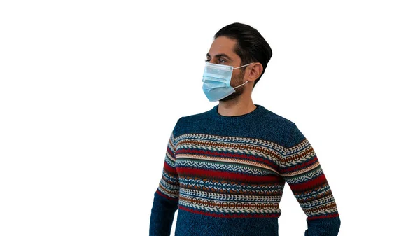 Vit Man Med Steril Ansiktsmask Isolerad Vit Bakgrund Studio Guy — Stockfoto