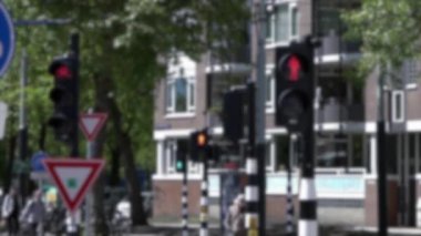 Bulanık Avrupalı yaya geçidi tabelası. Trafik ışıkları kırmızıdan yeşile döner. Hollanda caddesinde kesişen yol. Avrupa yollarının kuralları şehir merkezinde