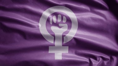 Yumuşak ipek üfleyen kadın cinsiyet işaretiyle güçlü bir yumruk kaldırıldı. Feminizm, insan kolunun parmaklarını sıkan sembolü. Rüzgarda dalgalanan kız güç bayrağı kavramı