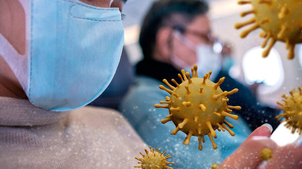 New Flu Omicron Variant Floating Woman Passenger Wearing Surgical Mask — Stock Photo, Image
