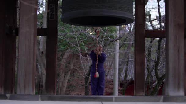 東京都2020年2月3日 僧侶が日本の寺院で鐘を鳴らす 増上寺に鐘を鳴らす僧 アジア宗教仏教の祈り — ストック動画