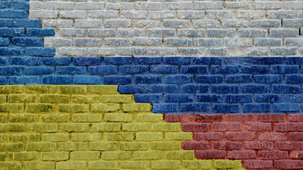 Flags Ukraine Russia Painted Brick Wall Divided Diagonal Crack Exterior — Stock Photo, Image