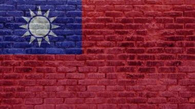 Tuğla duvar arkasında Tayvan bayrağı. Şehir caddesinde. Dış eski taş, Tayvan sancağıyla dokuları kaplıyor. Uluslararası diplomatik ilişkiler kavramı.