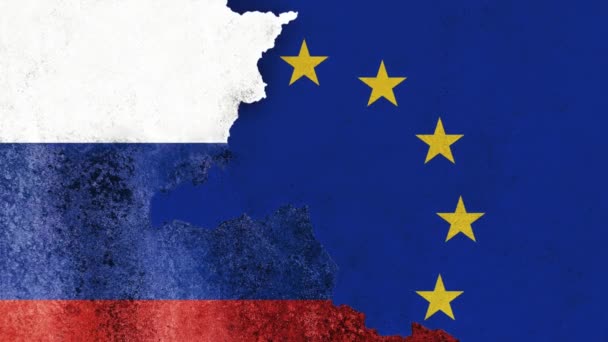 Banderas Unión Europea Rusia Sobre Cemento Agrietado Textura Pared Dañada — Vídeo de stock