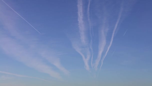 Airplane Contrail Blue Sky White Cloud Jet Plane Condensation Trail — Stock Video