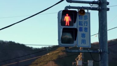 Michi yolundaki Asya yaya geçidi tabelası, şehir trafiği yeşilden kırmızıya değişti. Japonca, kavşağı geçmenin yasaklandığına dair bir işaret. Japonya 'da Asya